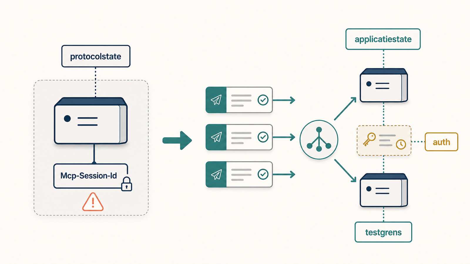 Diagram dat een MCP-server met verborgen sessie-ID vergelijkt met stateless requests en een expliciet applicatiehandle.