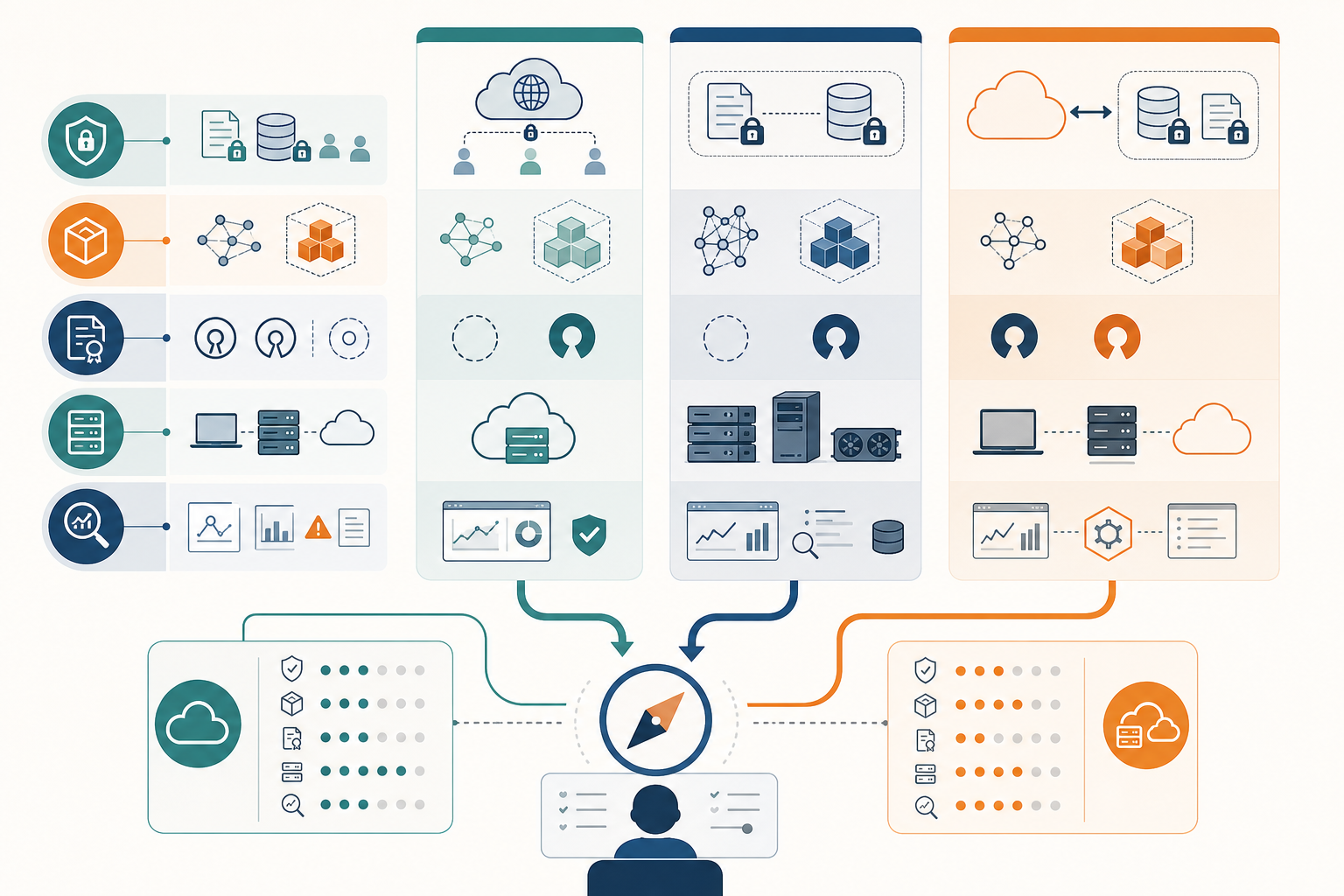 Schematische afweging tussen cloud, private hosting en open modelstack met aandacht voor privacy, kosten, observability en beheer