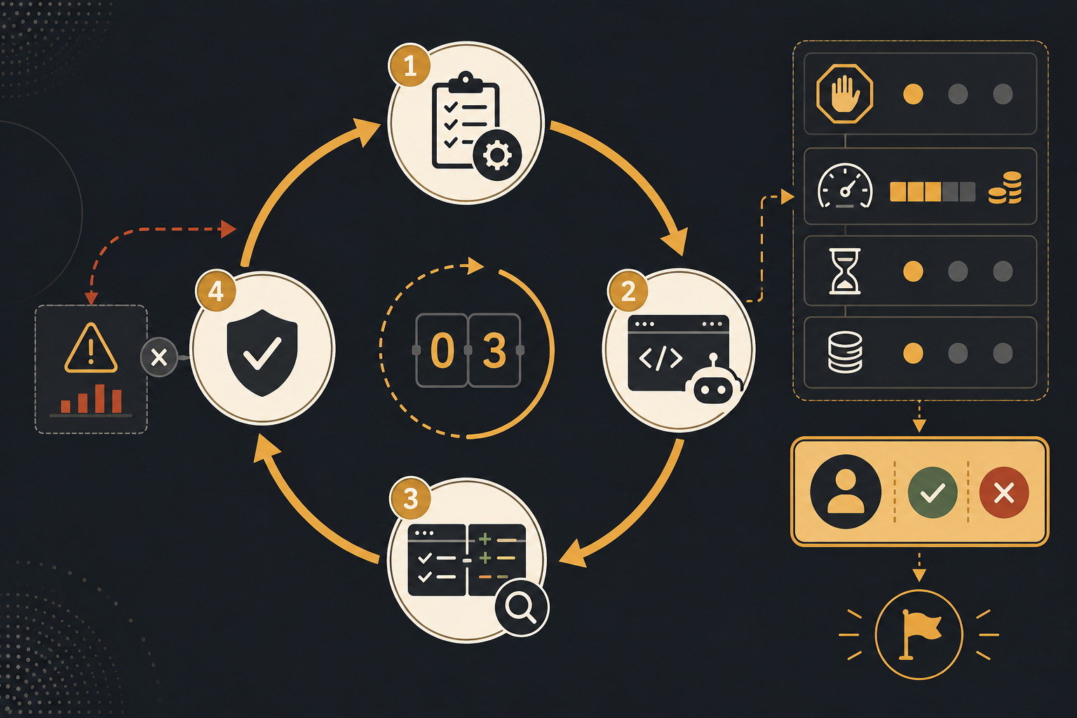 Diagram van een Ralph Loop waarin een coding agent per iteratie code wijzigt, tests draait en alleen binnen grenzen doorgaat.